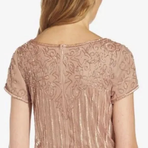 ADRIANNA PAPELL SHORT SLEEVE BLOUSON BEADED GOWN IN ROSE GOLD - Picture 6 of 14